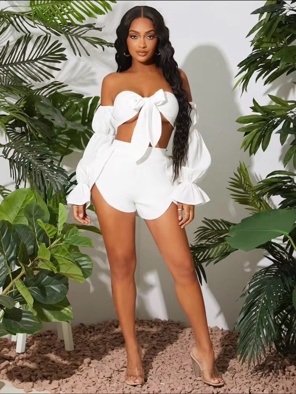 SHEIN White High Waist Shorts Set with Tie-Front Off-Shoulder Top